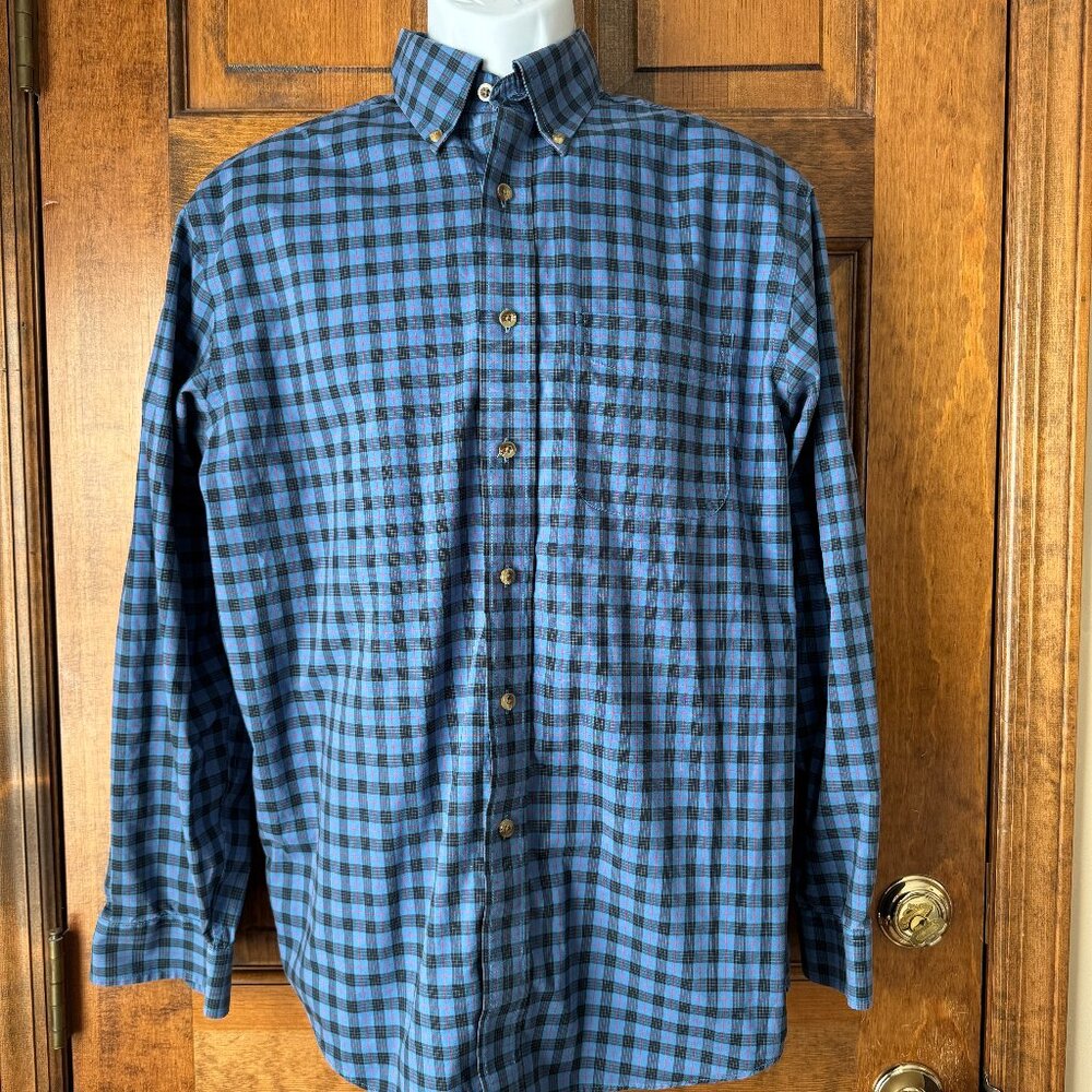 L.L. Bean Blue w/Black & Red Plaid Button-Down Shirt Traditional Fit Medium